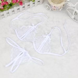 Crotchless G-string Panty White Bra Set Bow